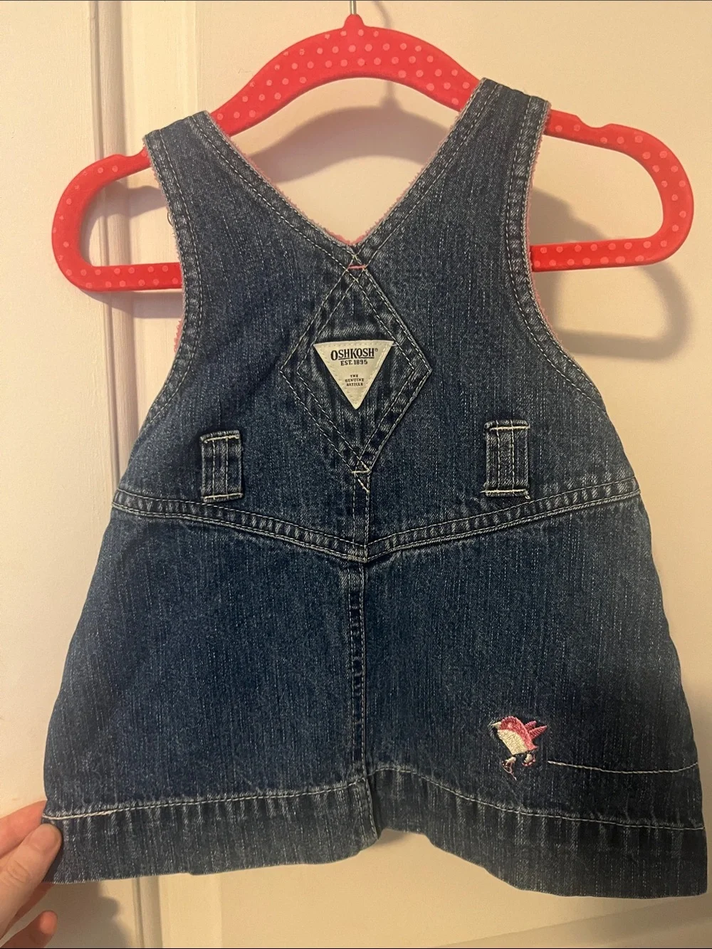 OshKosh B'gosh Dark Blue Denim Overall Dress with Pink Embroidery